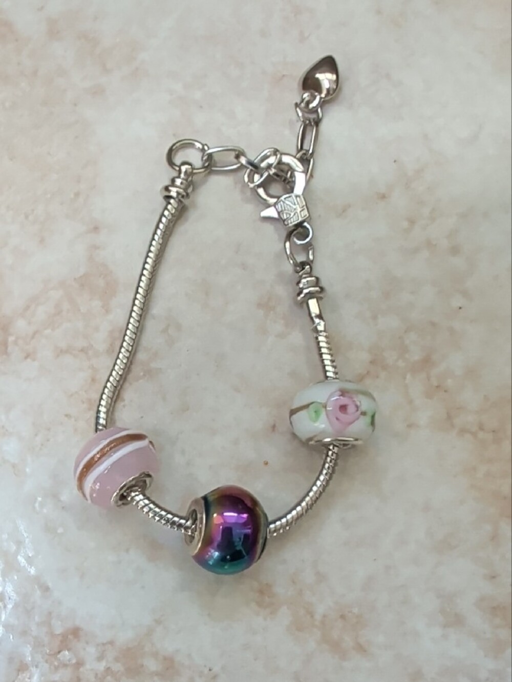 Sterling Silver Charm Bracelet with Pink Floral and Iridescent Glass Beads